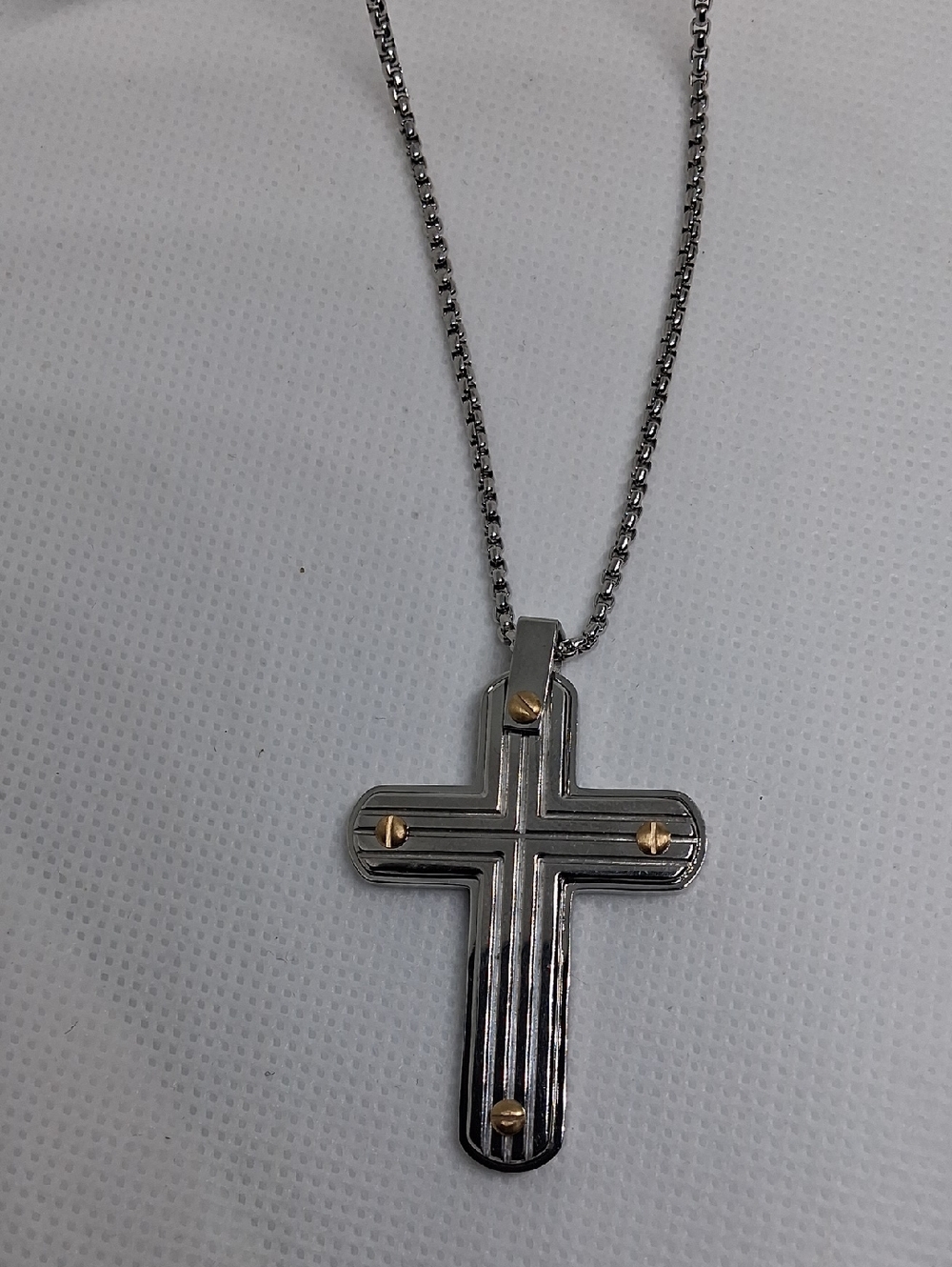 Two-Tone Stainless Steel Cross Necklace with Gold Accents